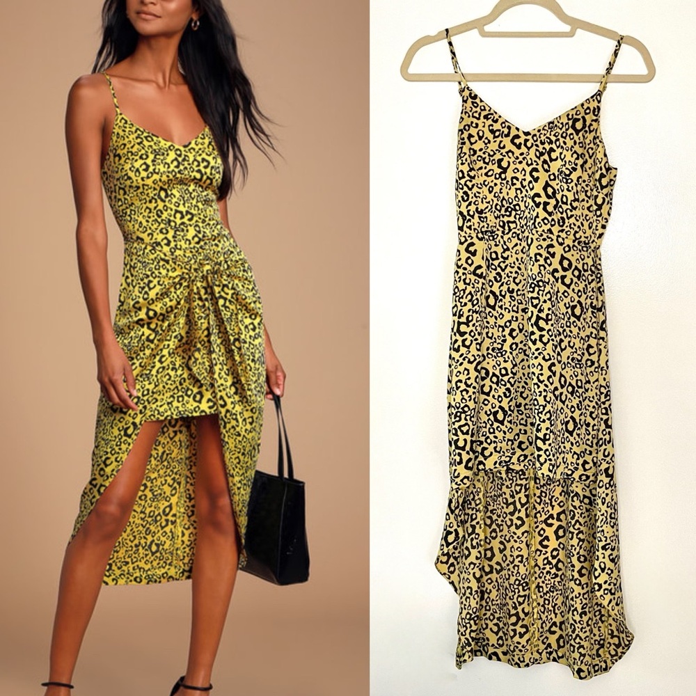 Lulu's Odette Yellow Black Leopard Print Satin Tie-Front High Low Dress XS